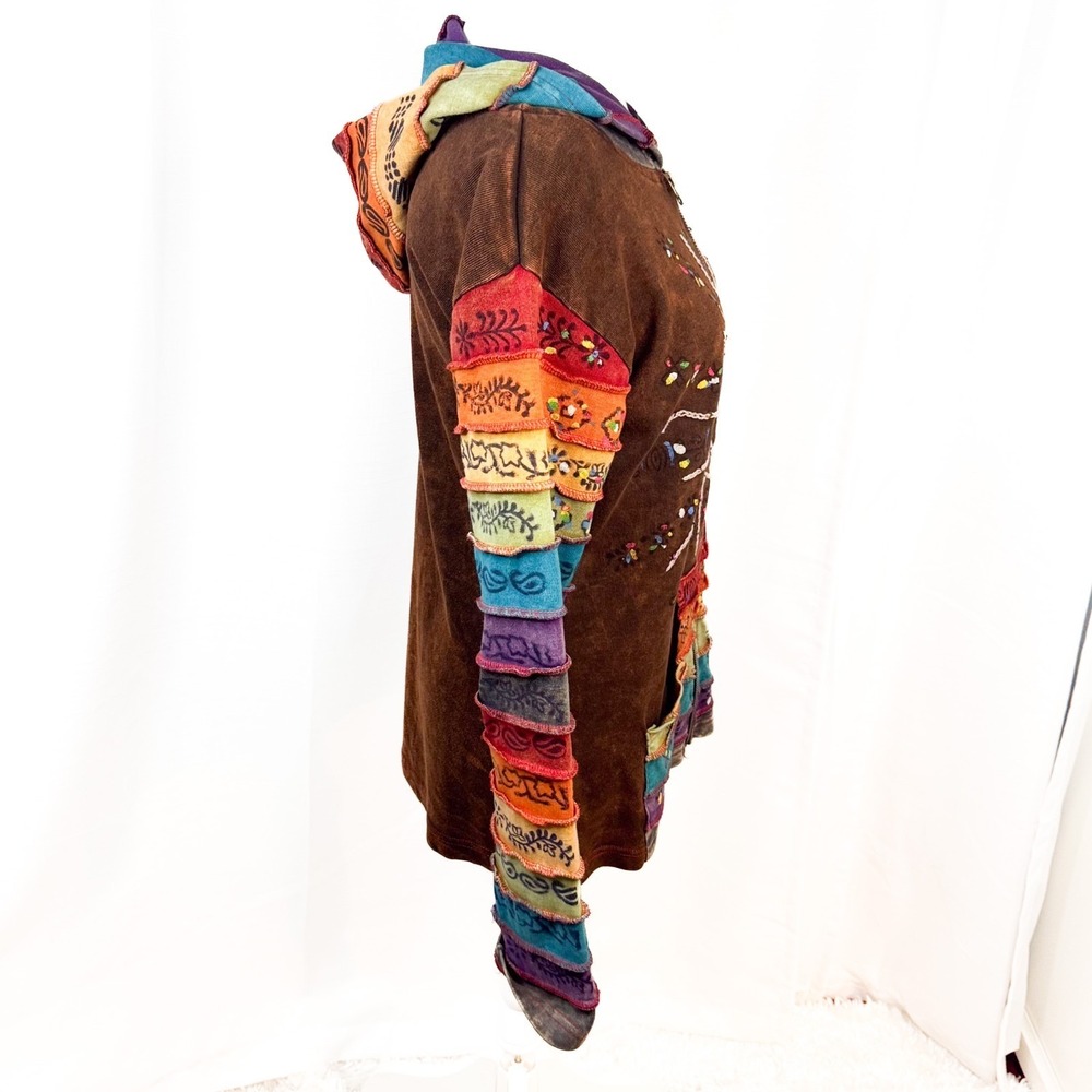 Rising International Hoodie Womens S Brown Patchwork Embroidered Boho Nepal EUC - Picture 2 of 13